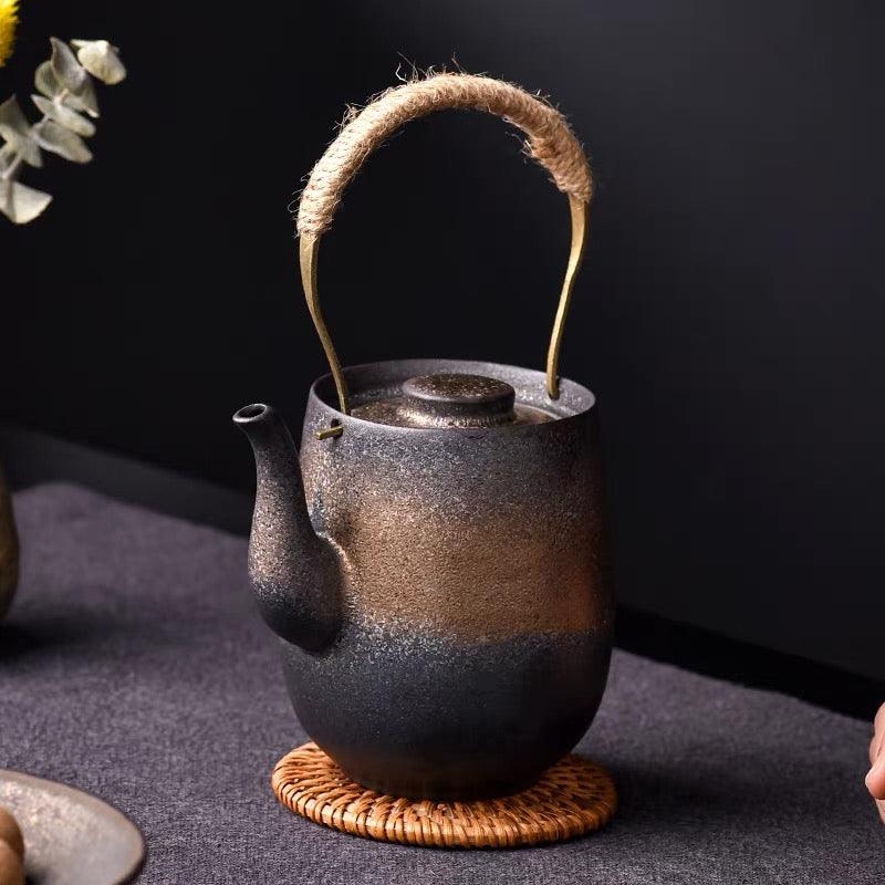 430ml Zen Oriental Vintage Inspired Coarse Pottery Teapot with Rustic Gold Glaze - TPotsOriental