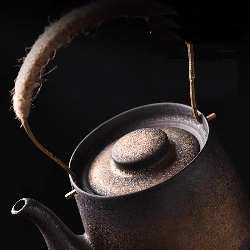 430ml Zen Oriental Vintage Inspired Coarse Pottery Teapot with Rustic Gold Glaze - TPotsOriental
