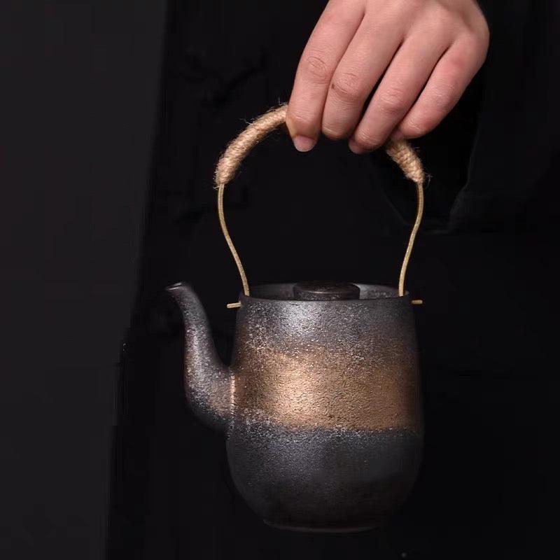 430ml Zen Oriental Vintage Inspired Coarse Pottery Teapot with Rustic Gold Glaze - TPotsOriental