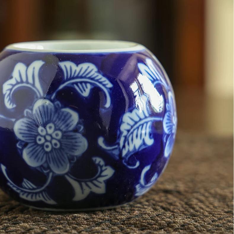 Cobalt Blue Ceramic Tea Light Round Candle Holder/Flower Pattern - TPotsOriental