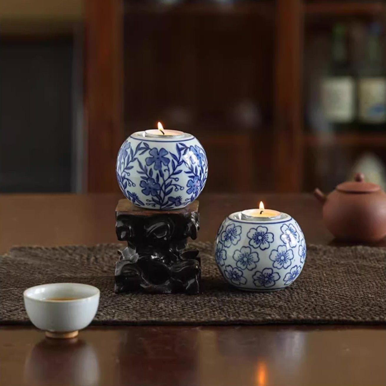 Cobalt Blue Ceramic Tea Light Round Candle Holder/Flower Pattern - TPotsOriental