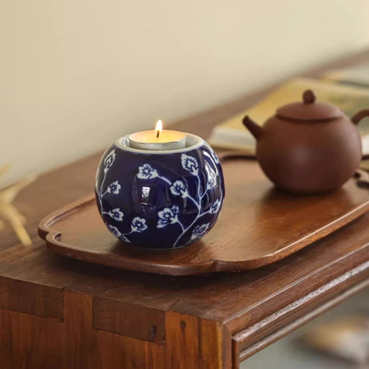 Cobalt Blue Ceramic Tea Light Round Candle Holder/Flower Pattern - TPotsOriental