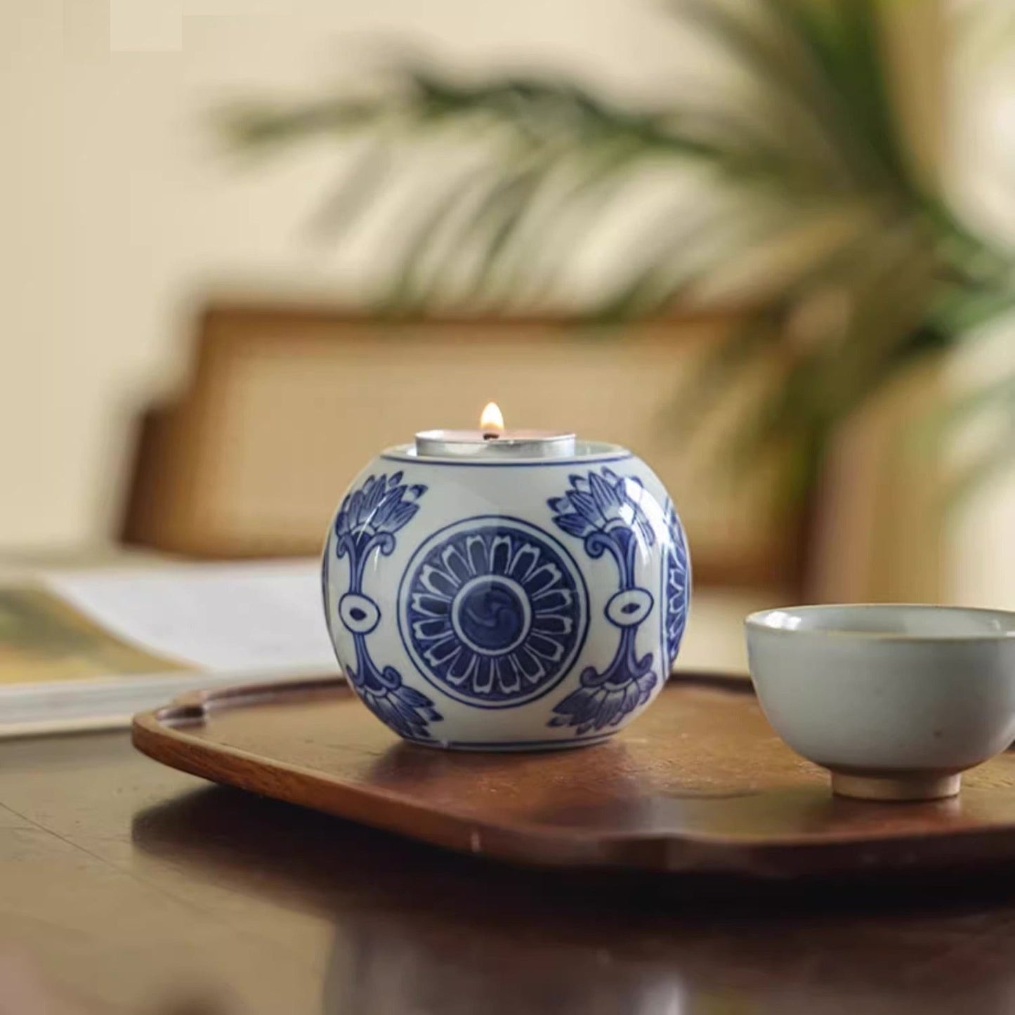 Cobalt Blue Ceramic Tea Light Round Candle Holder/Flower Pattern - TPotsOriental