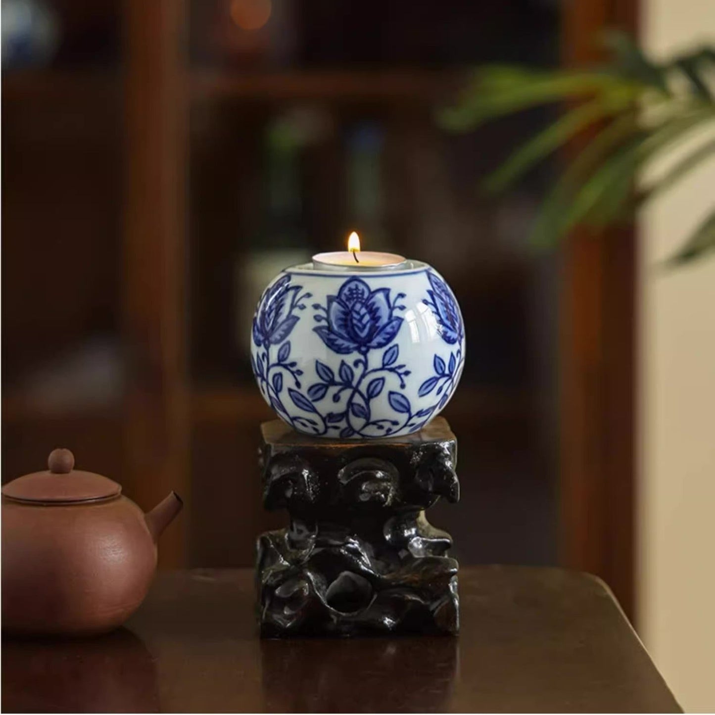 Cobalt Blue Ceramic Tea Light Round Candle Holder/Flower Pattern - TPotsOriental