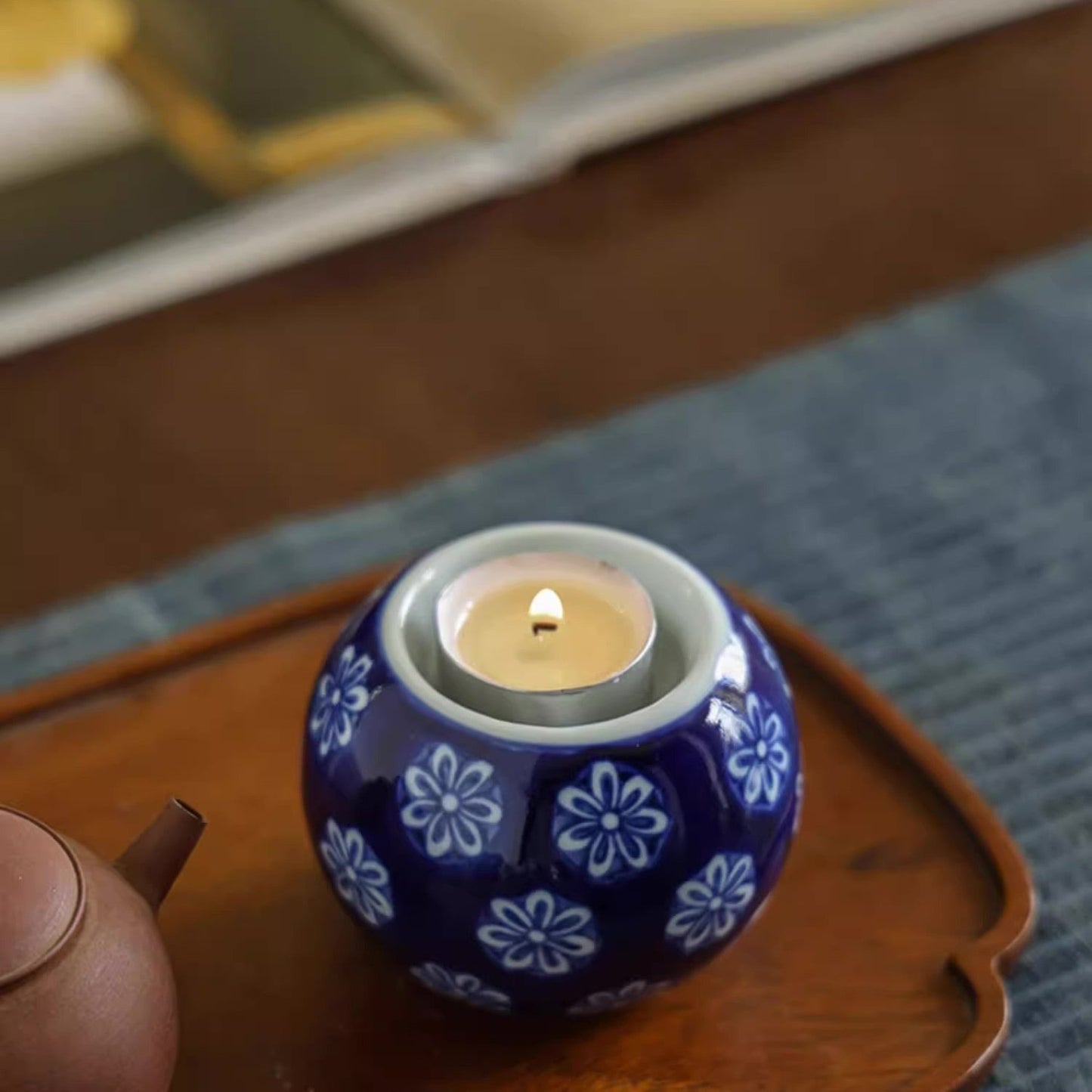 Cobalt Blue Ceramic Tea Light Round Candle Holder/Flower Pattern - TPotsOriental