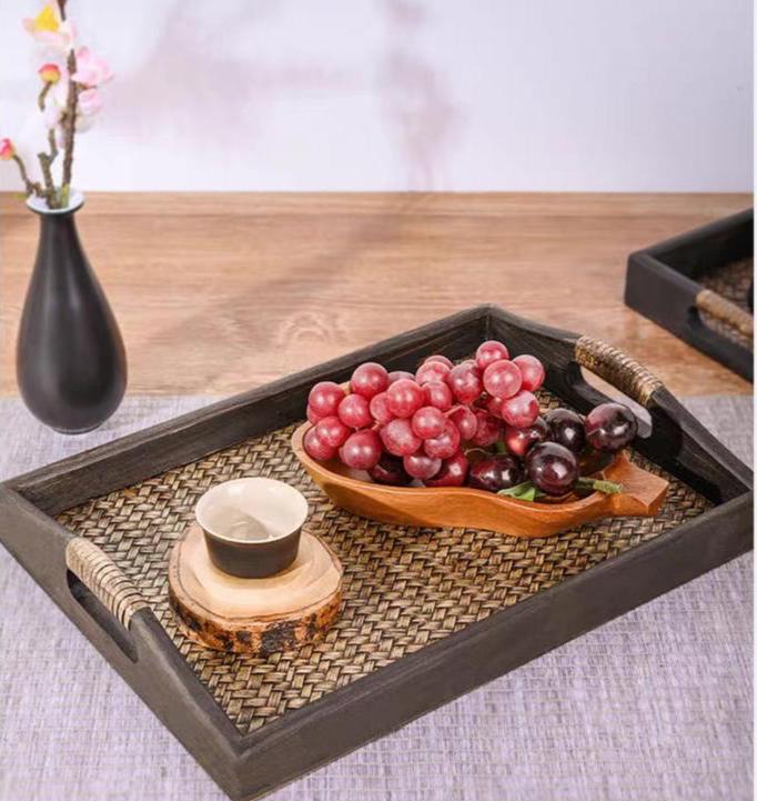 Oriental Thai Styled Wooden Display/Food Serving Tray with Bamboo Wrapped Handles and Wavery Surface - TPotsOriental