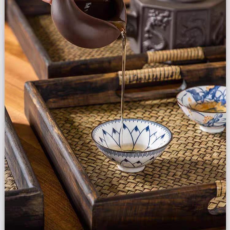Oriental Thai Styled Wooden Display/Food Serving Tray with Bamboo Wrapped Handles and Wavery Surface - TPotsOriental