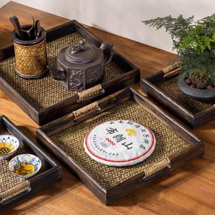 Oriental Thai Styled Wooden Display/Food Serving Tray with Bamboo Wrapped Handles and Wavery Surface - TPotsOriental