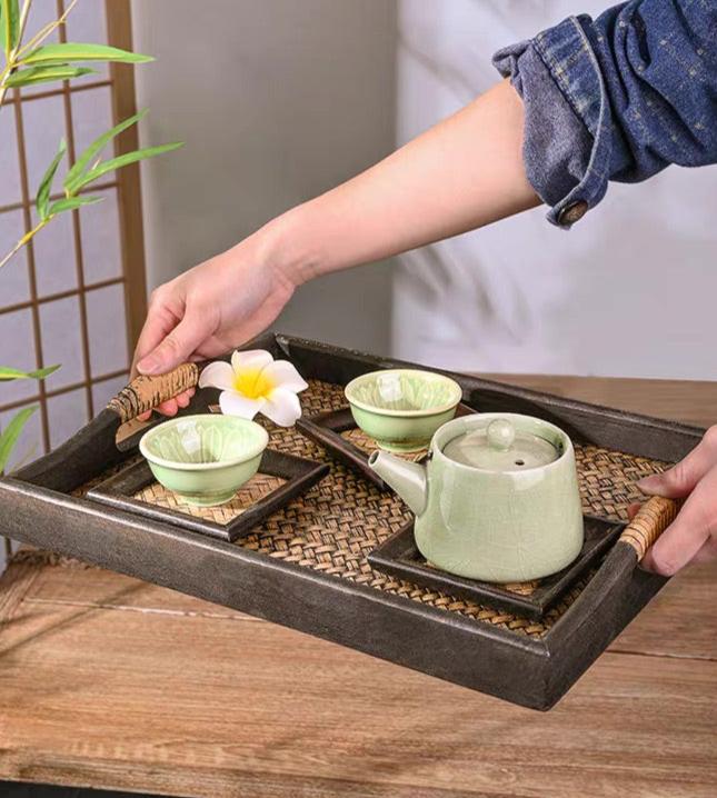 Oriental Thai Styled Wooden Display/Food Serving Tray with Bamboo Wrapped Handles and Wavery Surface - TPotsOriental