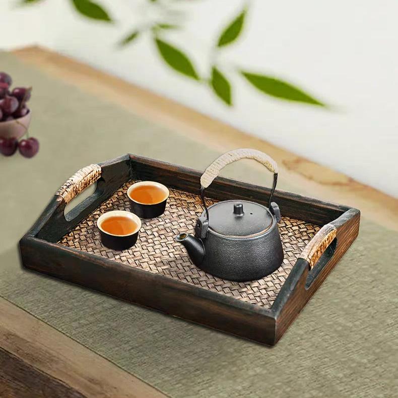 Oriental Thai Styled Wooden Display/Food Serving Tray with Bamboo Wrapped Handles and Wavery Surface - TPotsOriental