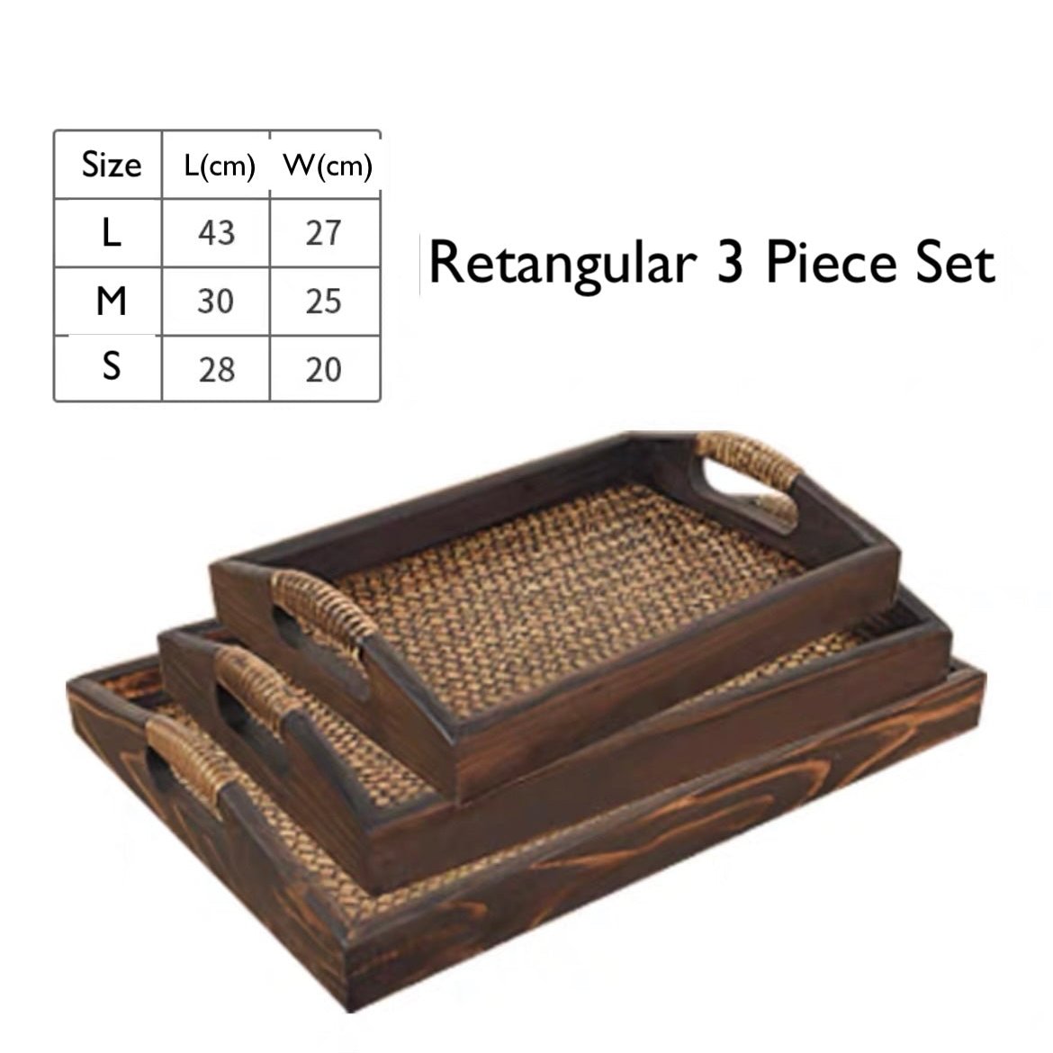 Oriental Thai Styled Wooden Display/Food Serving Tray with Bamboo Wrapped Handles and Wavery Surface - TPotsOriental