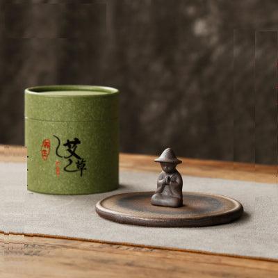 Coarsed Rustic Gold Incense Holder Featured Little Buddha in Hat - TPotsOriental