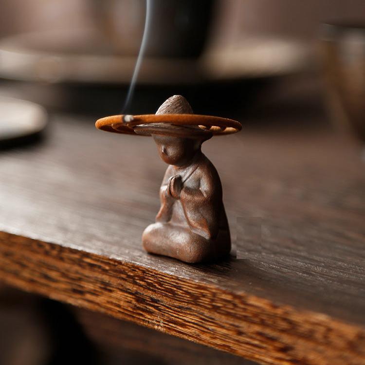 Coarsed Rustic Gold Incense Holder Featured Little Buddha in Hat - TPotsOriental