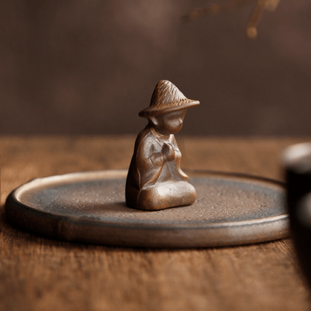Coarsed Rustic Gold Incense Holder Featured Little Buddha in Hat - TPotsOriental