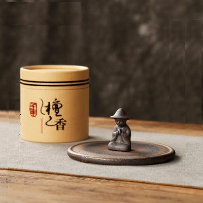 Coarsed Rustic Gold Incense Holder Featured Little Buddha in Hat - TPotsOriental