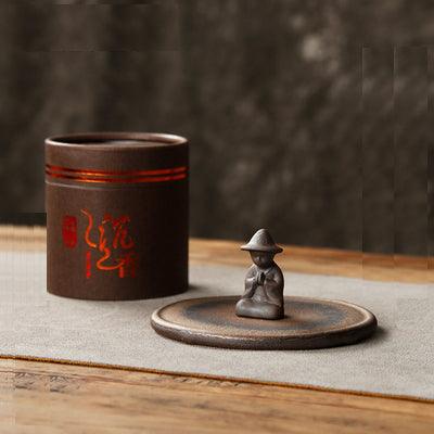 Coarsed Rustic Gold Incense Holder Featured Little Buddha in Hat - TPotsOriental