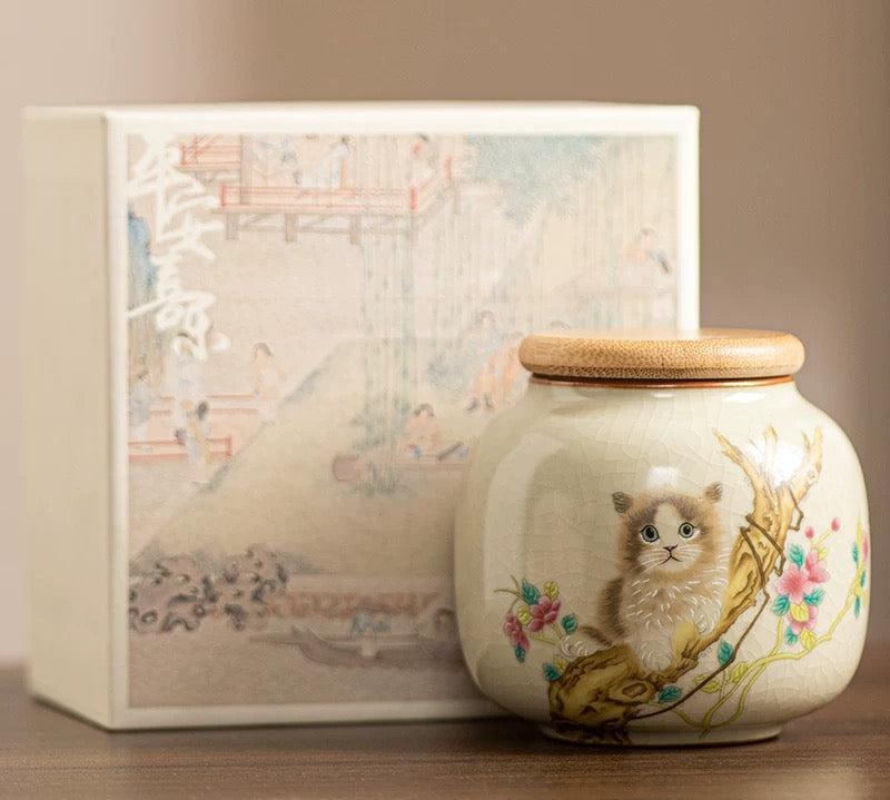 Classic Cream Color Tea Leaf Storage Jar with 3 Water-ink Colored Cat - TPotsOriental
