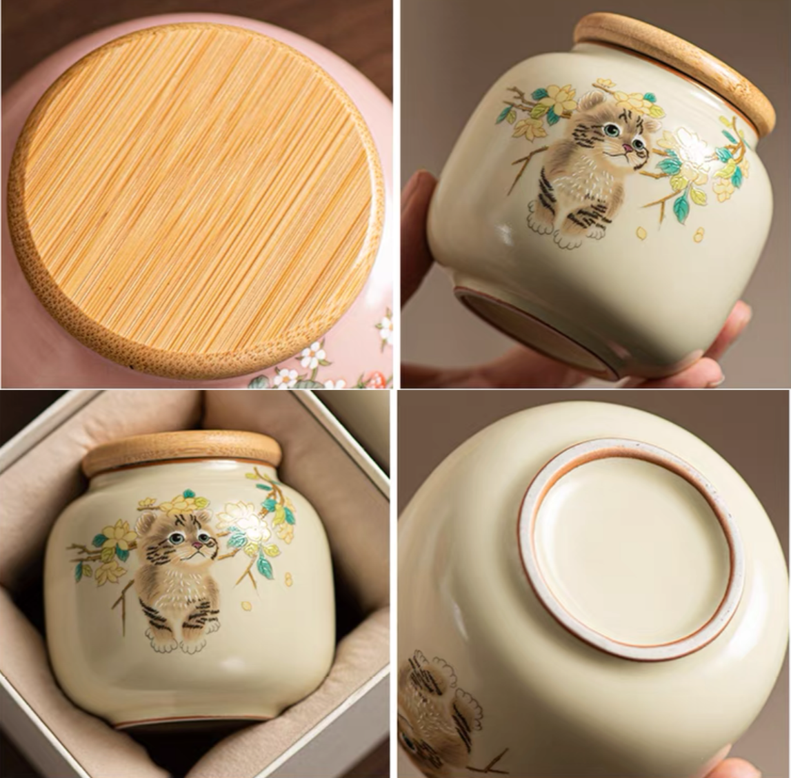 Classic Cream Color Tea Leaf Storage Jar with 3 Water-ink Colored Cat - TPotsOriental