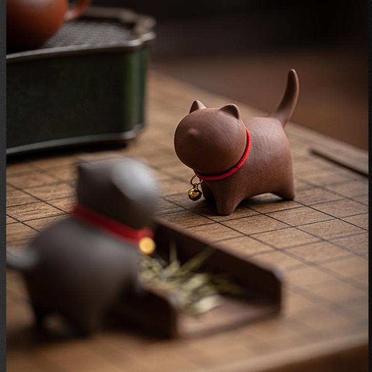Purple Sand Clay Playing Cat with Red String Bell Necklace/Tea Puppy Decorative Tea Toy - TPotsOriental