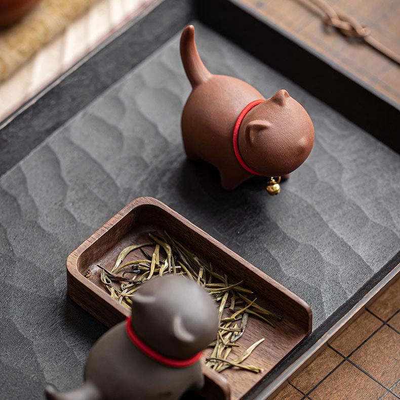 Purple Sand Clay Playing Cat with Red String Bell Necklace/Tea Puppy Decorative Tea Toy - TPotsOriental