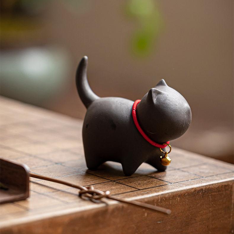 Purple Sand Clay Playing Cat with Red String Bell Necklace/Tea Puppy Decorative Tea Toy - TPotsOriental