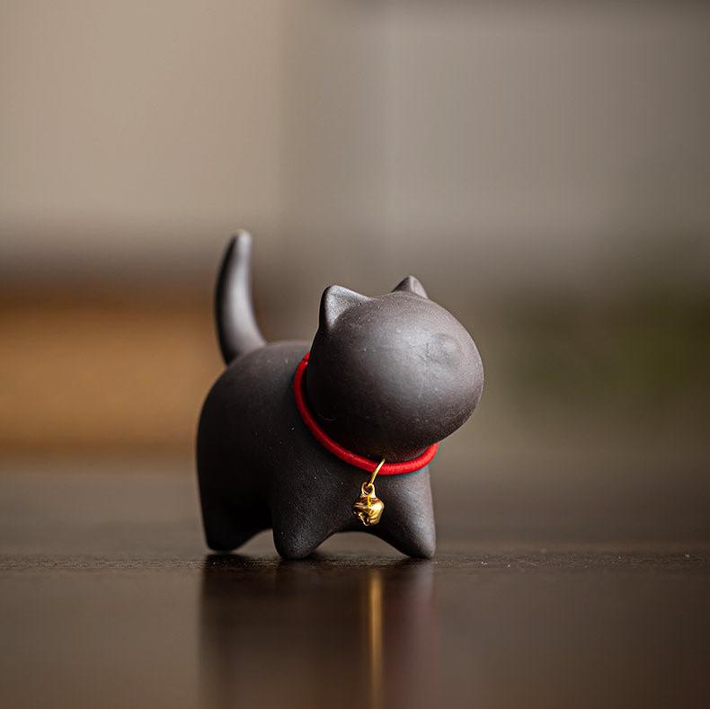 Purple Sand Clay Playing Cat with Red String Bell Necklace/Tea Puppy Decorative Tea Toy - TPotsOriental