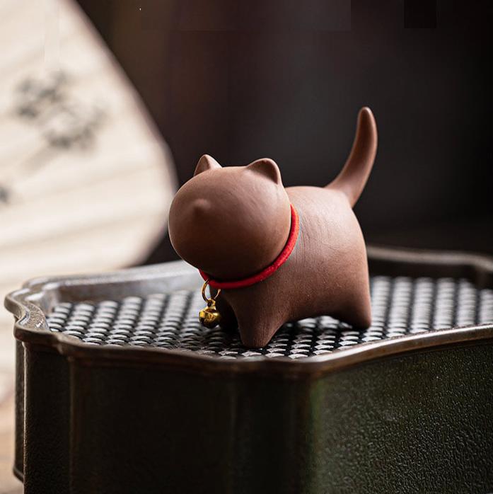 Purple Sand Clay Playing Cat with Red String Bell Necklace/Tea Puppy Decorative Tea Toy - TPotsOriental