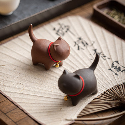 Purple Sand Clay Playing Cat with Red String Bell Necklace/Tea Puppy Decorative Tea Toy - TPotsOriental