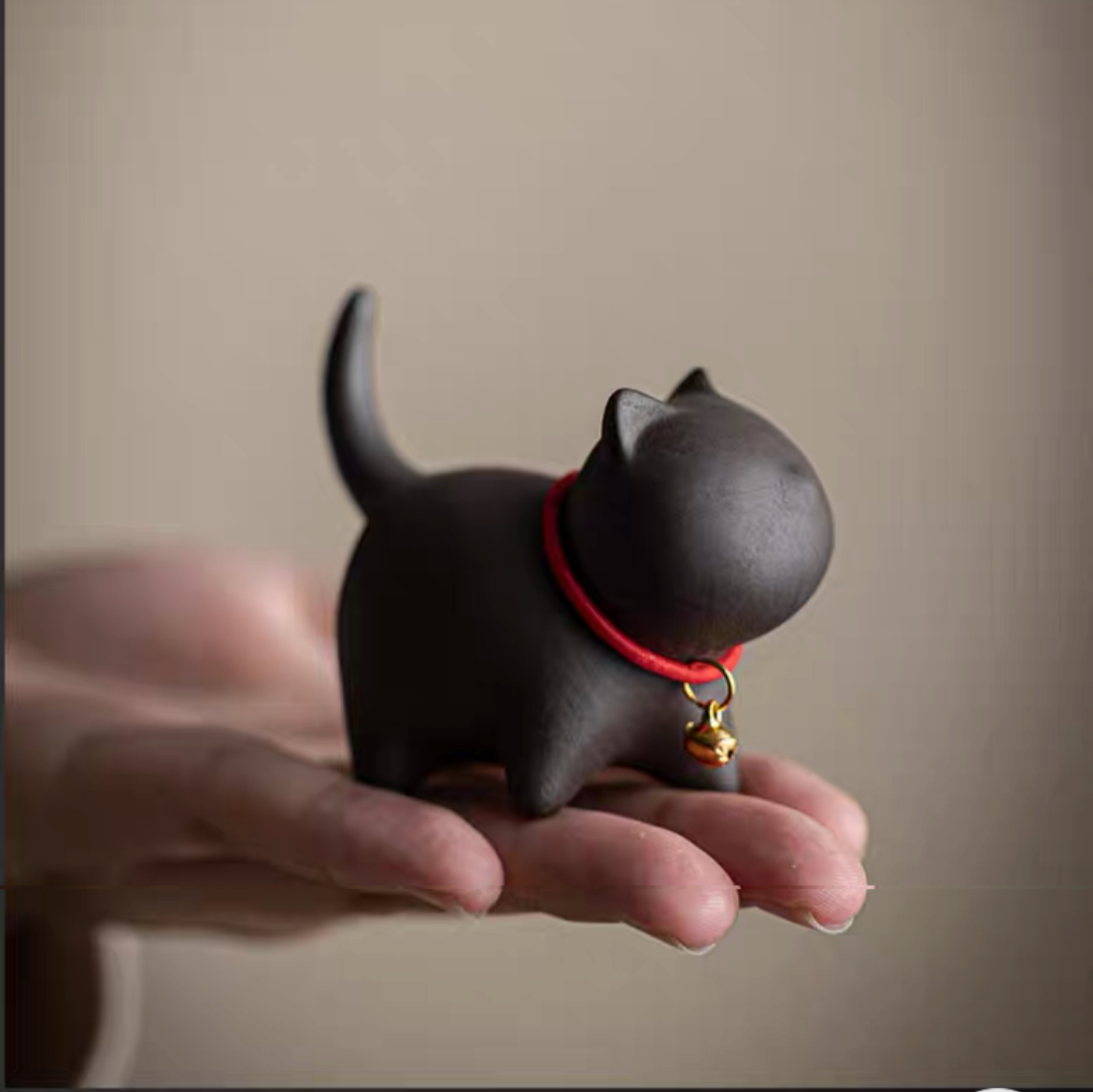 Purple Sand Clay Playing Cat with Red String Bell Necklace/Tea Puppy Decorative Tea Toy - TPotsOriental