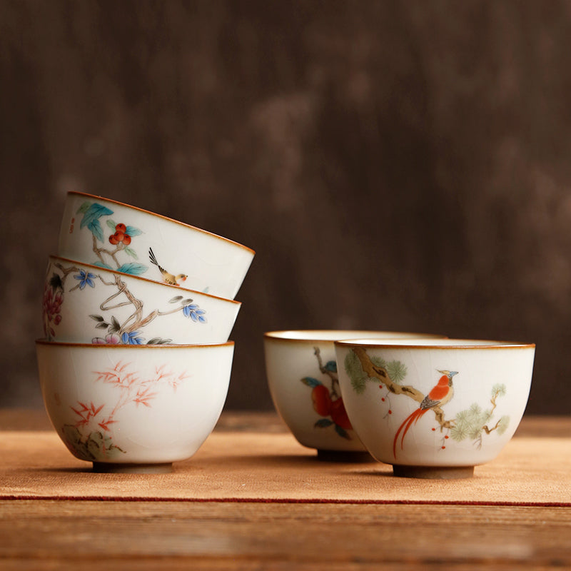 Chinese Ceramic Ru Ware Tea Cup - Flower and Bird Series - TPotsOriental