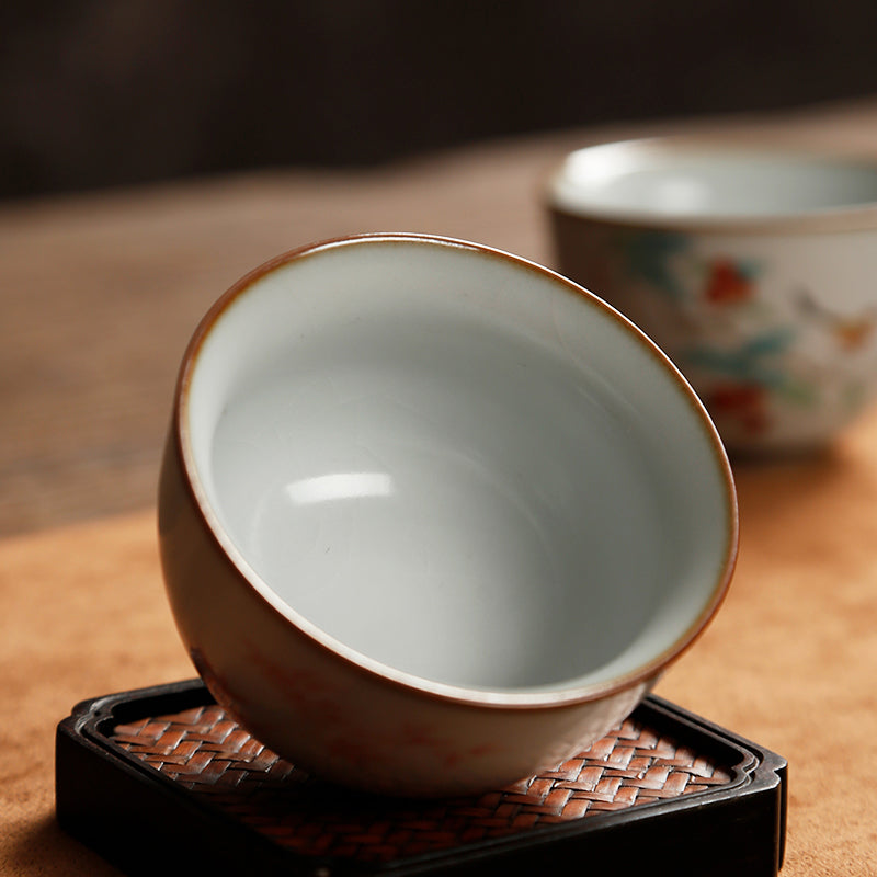 Chinese Ceramic Ru Ware Tea Cup - Flower and Bird Series - TPotsOriental