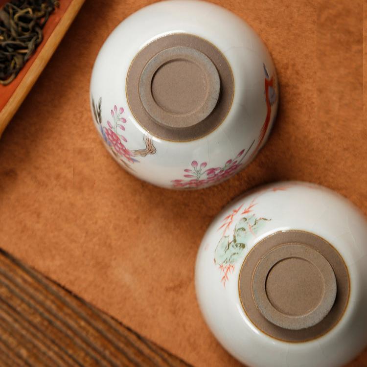 Chinese Ceramic Ru Ware Tea Cup - Flower and Bird Series - TPotsOriental