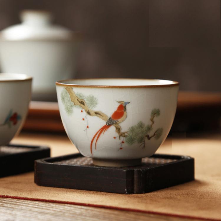 Chinese Ceramic Ru Ware Tea Cup - Flower and Bird Series - TPotsOriental