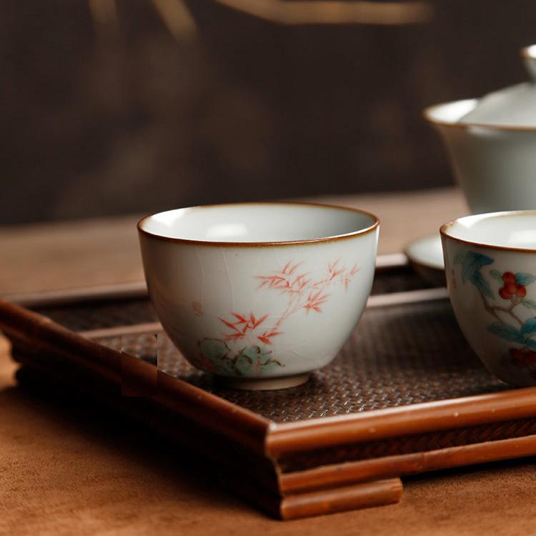 Chinese Ceramic Ru Ware Tea Cup - Flower and Bird Series - TPotsOriental