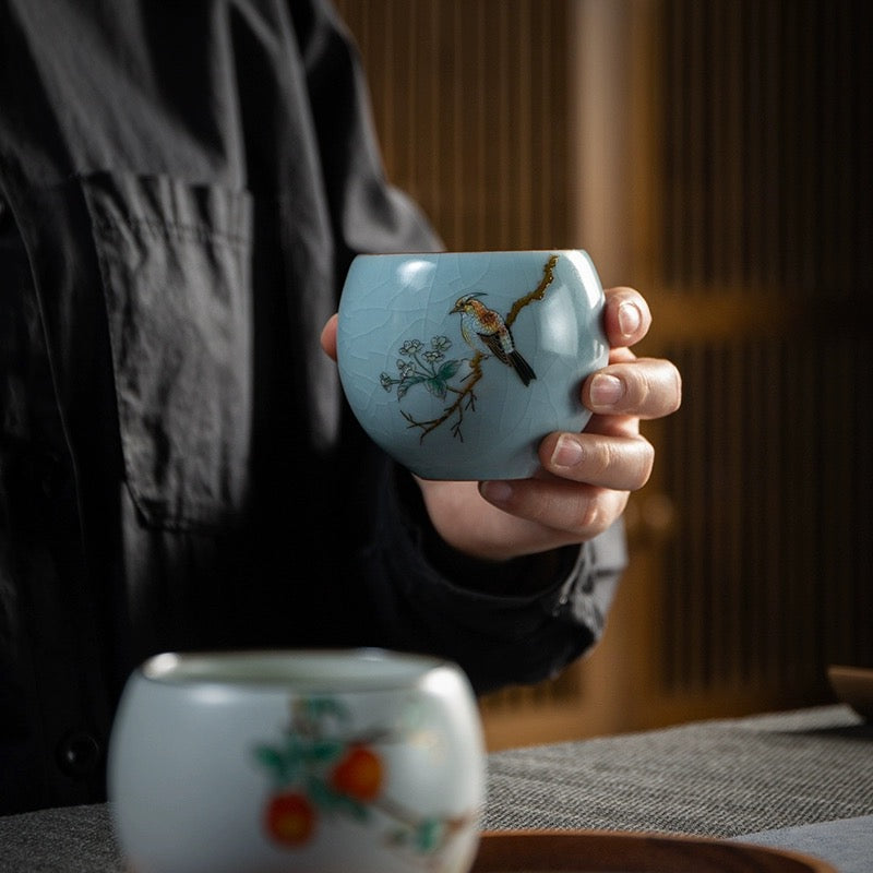 Vintage Styled Ospiciou Chinese Tea Cups Gift Box Set in Scene of Spring Blooming and Autumn Fruit - TPotsOriental