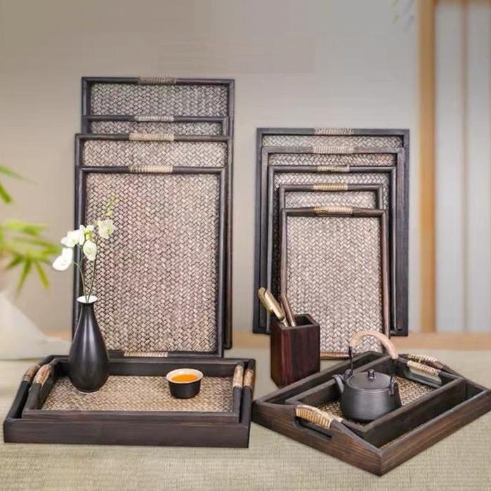 Oriental Thai Styled Wooden Display/Food Serving Tray with Bamboo Wrapped Handles and Wavery Surface - TPotsOriental