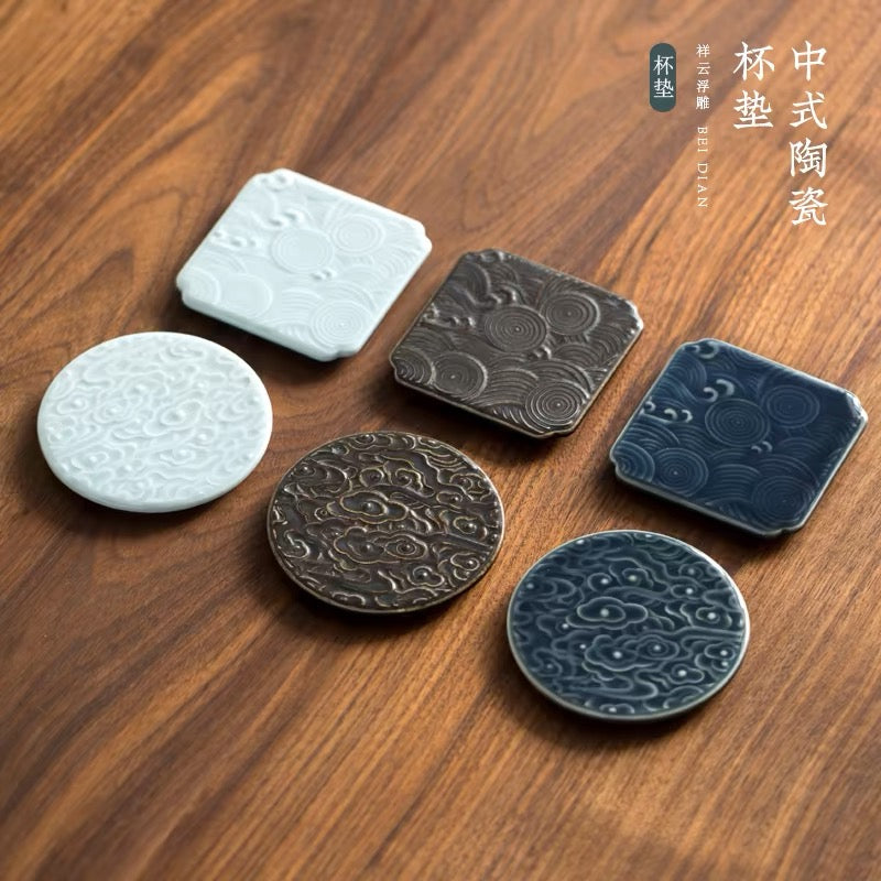 Antique Styled Ceramic Teacup Saucers/Cup Mats in Prosperous Cloud Design - TPotsOriental