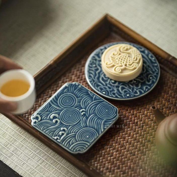 Antique Styled Ceramic Teacup Saucers/Cup Mats in Prosperous Cloud Design - TPotsOriental