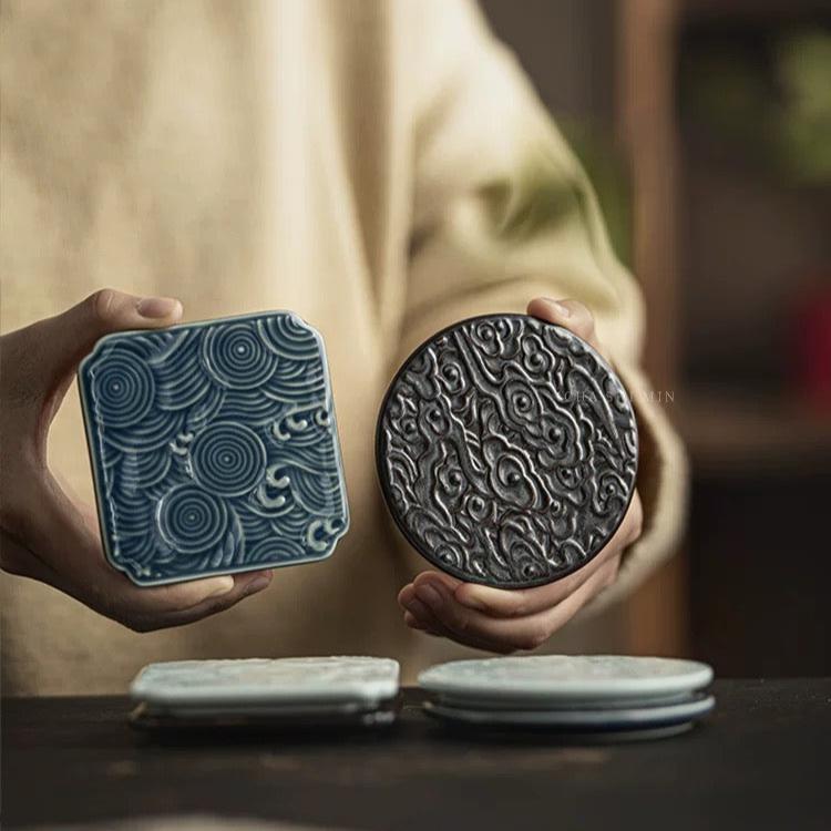 Antique Styled Ceramic Teacup Saucers/Cup Mats in Prosperous Cloud Design - TPotsOriental