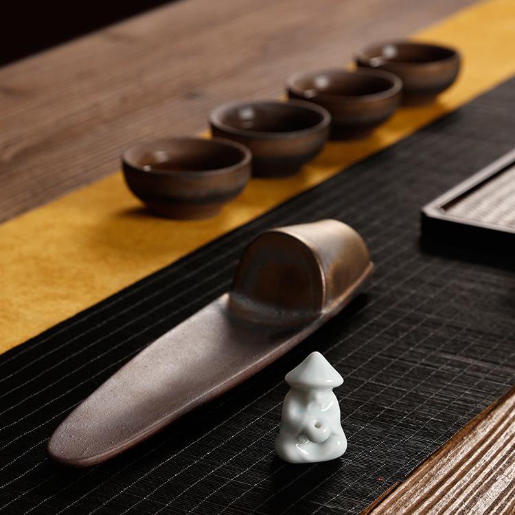 Rustic Gold Creramic Fishing Boat Incense Holder with White Porcelaine Fisherman - TPotsOriental