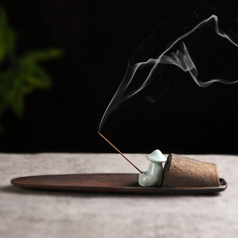 Rustic Gold Creramic Fishing Boat Incense Holder with White Porcelaine Fisherman - TPotsOriental
