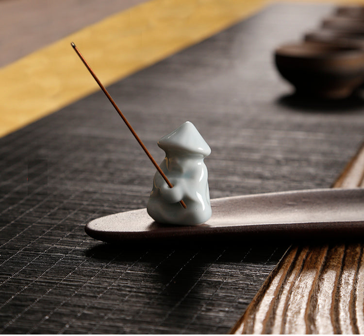 Rustic Gold Creramic Fishing Boat Incense Holder with White Porcelaine Fisherman - TPotsOriental