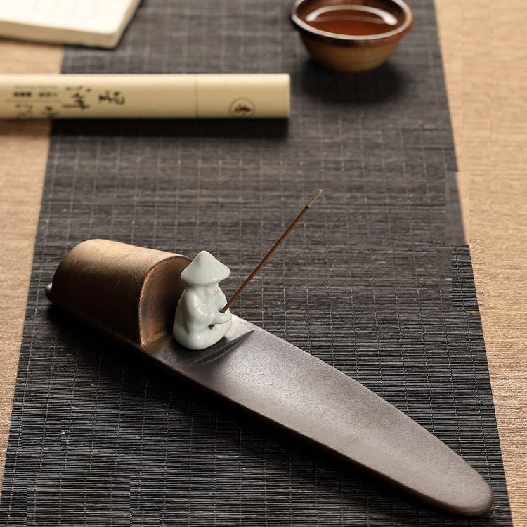 Rustic Gold Creramic Fishing Boat Incense Holder with White Porcelaine Fisherman - TPotsOriental