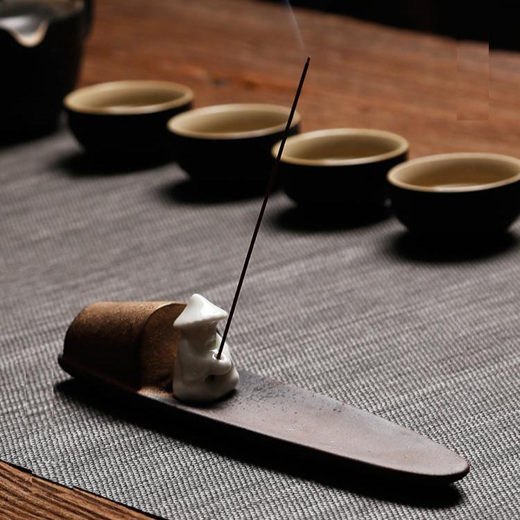 Rustic Gold Creramic Fishing Boat Incense Holder with White Porcelaine Fisherman - TPotsOriental