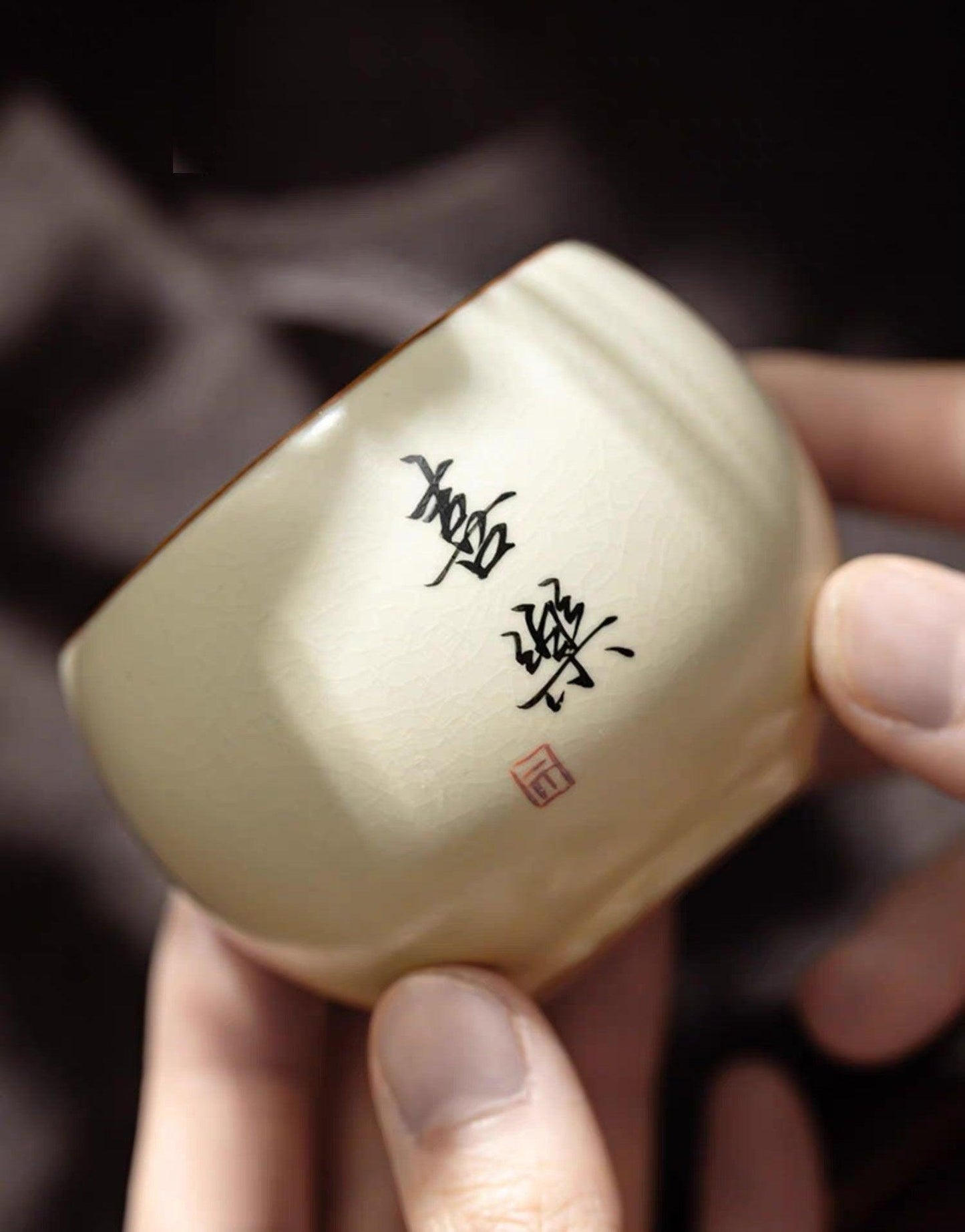 Made-to-order Customised Chinese Ru Ware Tea Cup with Personalized Ink HandWriting - TPotsOriental