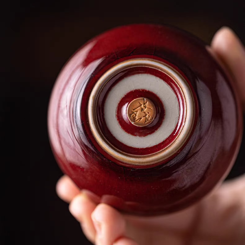 Classic Chinese Tea Cup in Renowned Red Glaze 'Lang Kiln Red' with Iced Cracked Effect Interior - TPotsOriental