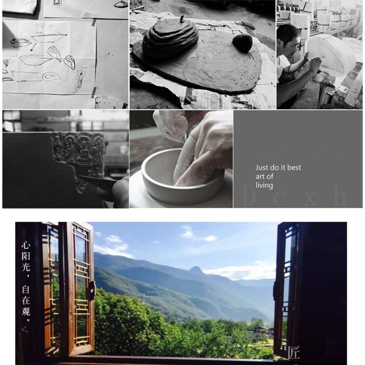 A collage-style promotional graphic for a pottery or ceramic product line. The top section shows several black-and-white close-up photos of clay work, including a potter's hands shaping clay and a ceramic vessel.