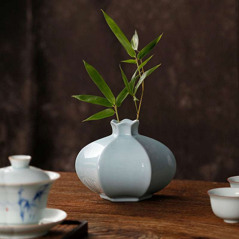Pomegranate Inspired Table Decorative Ceramic Vase in 3 Classic Glaze/Oriental Zen Flower Vase - TPotsOriental