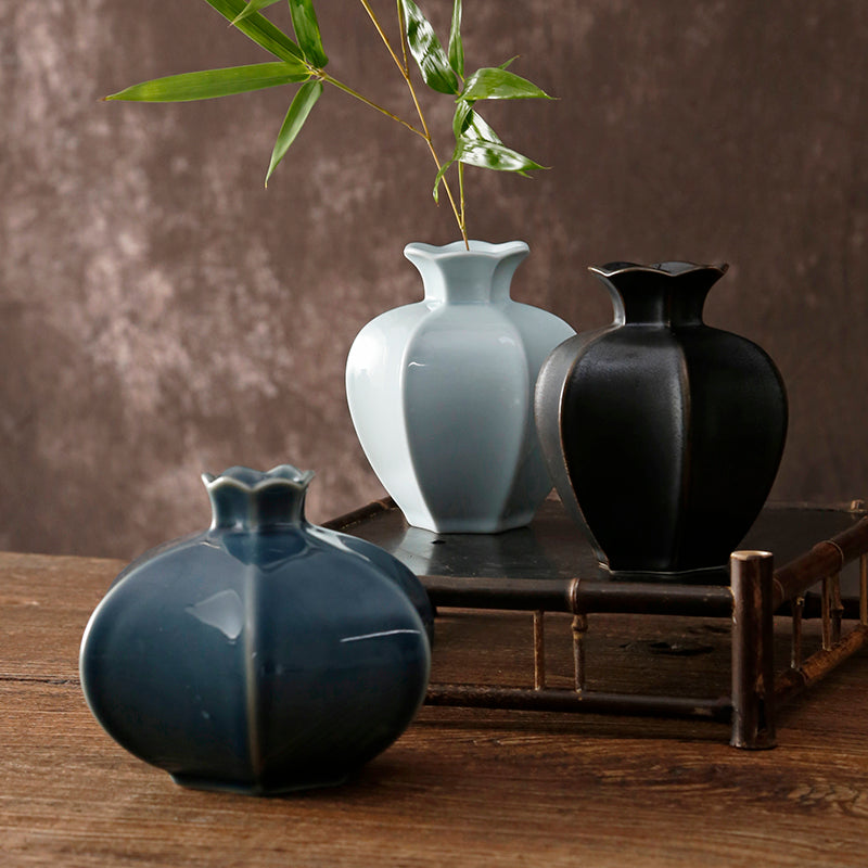 Pomegranate Inspired Table Decorative Ceramic Vase in 3 Classic Glaze/Oriental Zen Flower Vase - TPotsOriental