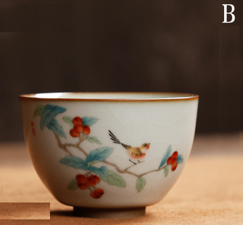 Chinese Ceramic Ru Ware Tea Cup - Flower and Bird Series - TPotsOriental